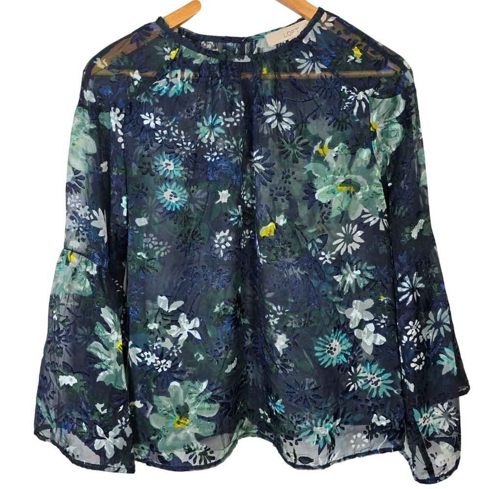 LOFT Womens Floral Burnout Bell Sleeve Sheer Blouse‎ Top XS Navy Blue Green